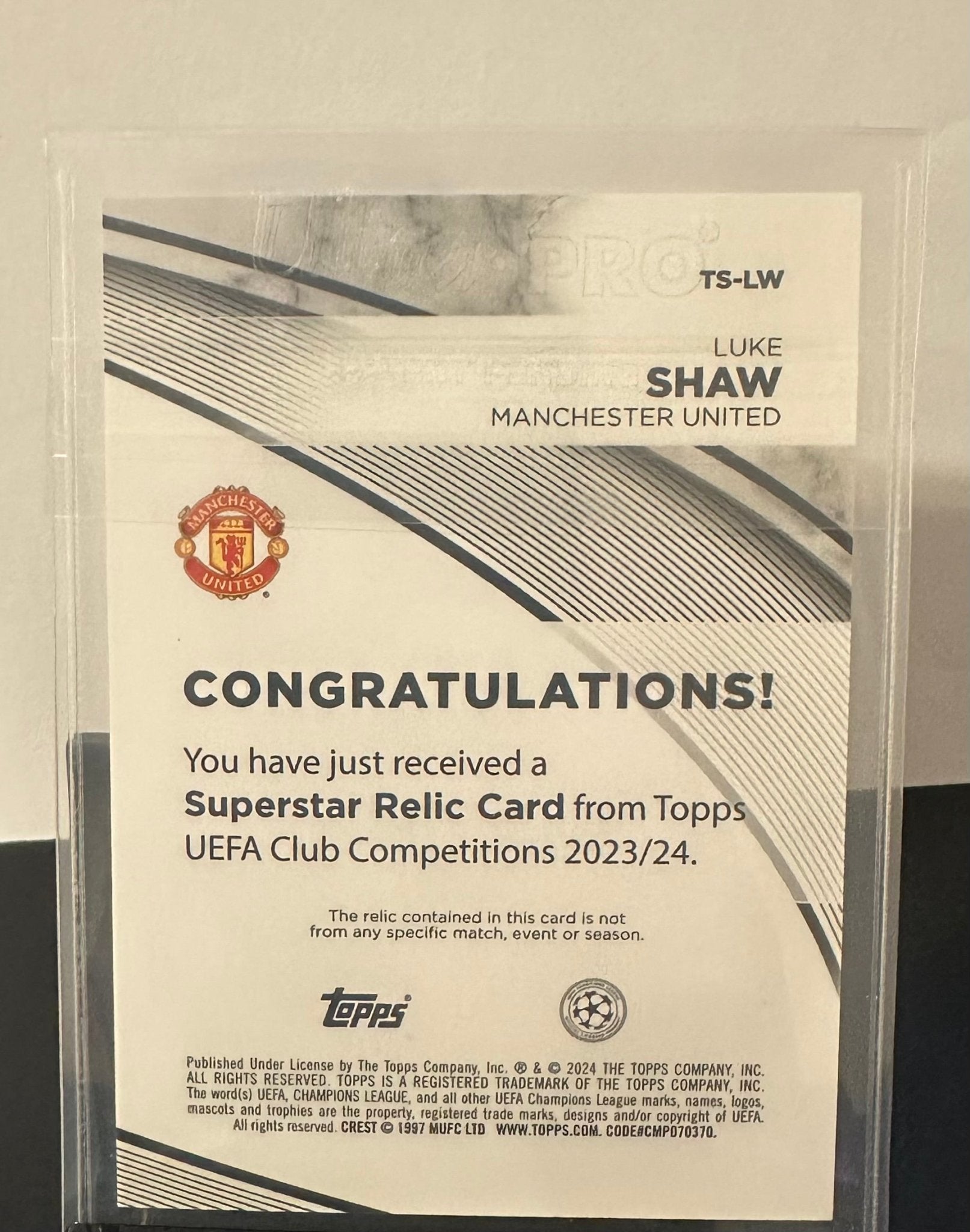 Luke Shaw - Manchester United Relic Card. 2024 Topps UEFA set - Patrick’s Comics & Cards